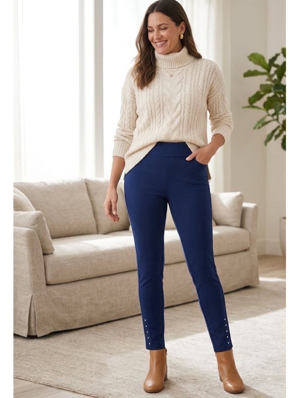 NWT Chico’s Ponte Knit Rivet Detail Ankle Leggings Ink Blue Size 12 Casual Chic